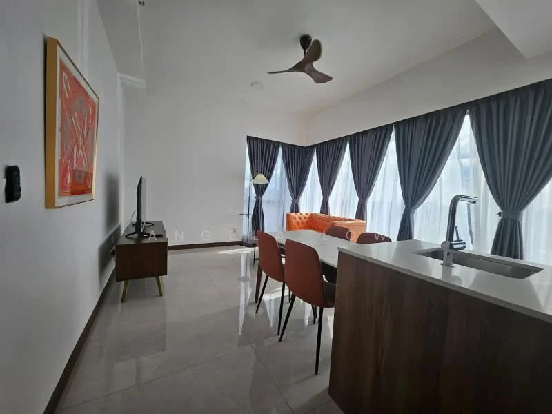 Living features: grey walls, white ceiling, 5-blade ceiling fan with light, large floor-to-ceiling windows, sheer curtains, orange fabric sofa, 4 dining chairs in orange, TV console, wall-mounted TV, laminate flooring, decorative artwork on wall, table lamp; style: modern. Kitchen features: white countertop, single-bowl stainless-steel sink, chrome pull-down faucet, wood cabinetry, open layout to living area; style: modern.