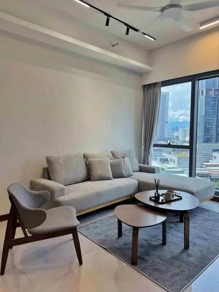 Living features: L-shape sectional sofa in light grey fabric, wooden coffee table, round coffee table, area rug with neutral color, floor-to-ceiling windows, city skyline view, 5-blade ceiling fan with light, curtains in light grey, recessed downlights, cream painted walls, polished tile flooring; style: modern; view: city.