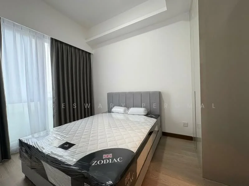 Bedroom features: queen-size bed with upholstered headboard, two white pillows, grey bed frame, light wood flooring, floor-to-ceiling windows, sheer curtains, dark grey curtains, white painted walls, built-in wardrobe, recessed ceiling with lighting; style: modern; view: city.