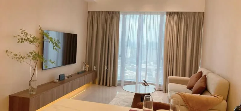 Living features: light beige fabric sofa, wooden coffee table, wall-mounted flat-screen TV, wooden TV console, floor-to-ceiling windows, sheer curtains, decorative plant in vase, area rug, accent pillows in rust color, recessed lighting, light-colored walls, laminate flooring; style: modern; view: city.