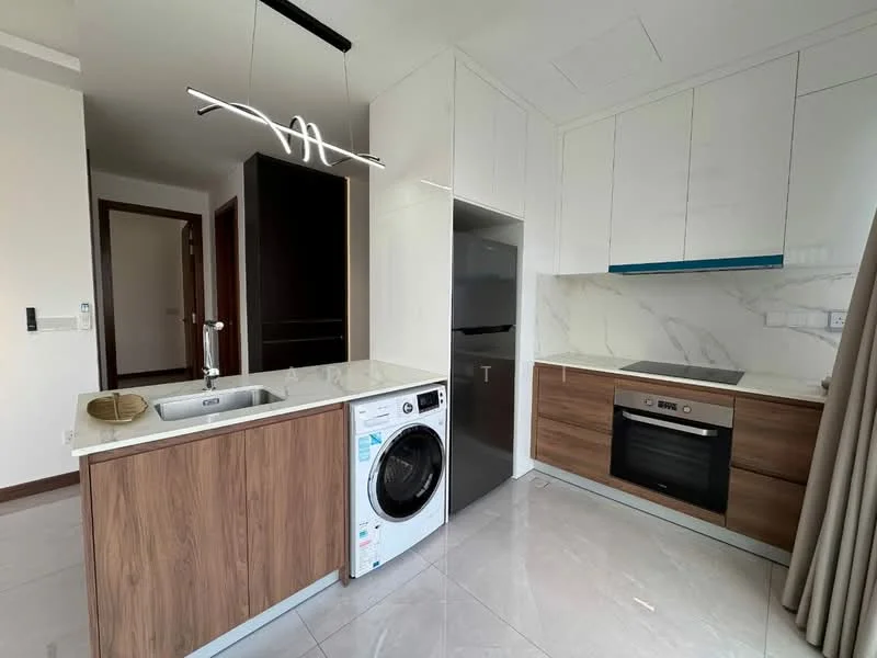 Kitchen features: single-bowl stainless-steel sink, chrome pull-down faucet, marble countertop, white cabinetry, wooden lower cabinets, built-in oven, stainless-steel fridge, ceramic tile flooring, recessed downlights, washer-dryer combo, glass backsplash, open shelving; style: modern.