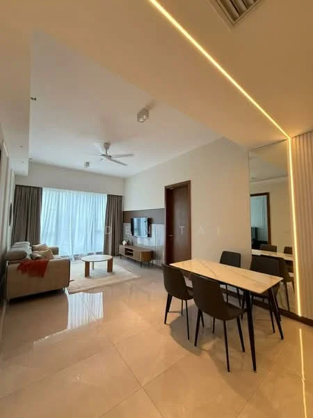 Living features: 3-seater fabric sofa in beige, coffee table, wall-mounted TV, TV console, area rug, 5-blade ceiling fan with light, floor-to-ceiling windows, curtains, marble tile flooring, recessed downlights, decorative mirror, dining table with 4 chairs; style: modern; view: garden.