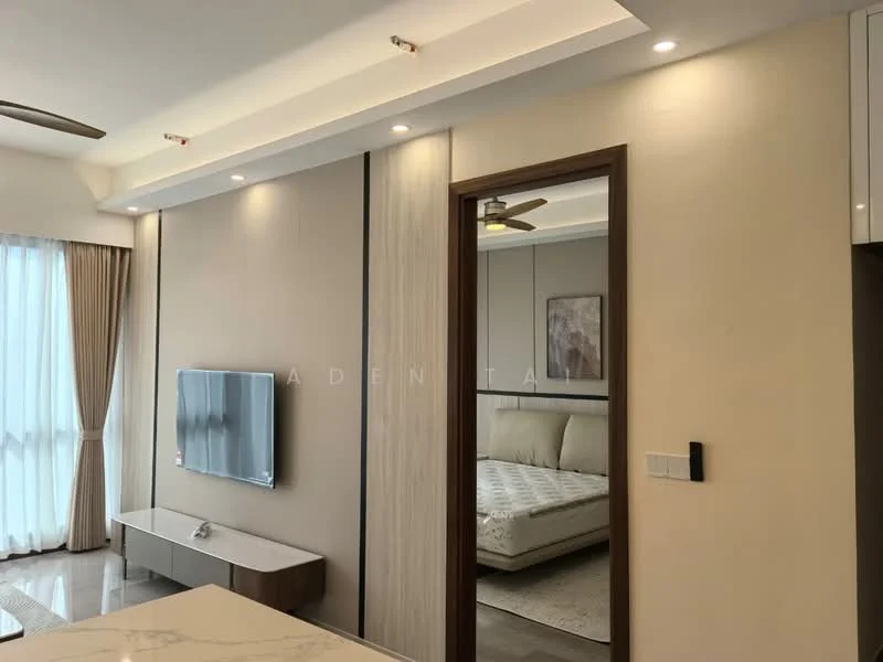Living features: wall-mounted TV, light wood feature wall, cream painted walls, recessed LED downlights, 5-blade ceiling fan, large floor-to-ceiling windows with sheer curtains, marble flooring, decorative artwork on wall, neutral color palette; style: modern. Room features: doorway leading to another room, light wood door frame.