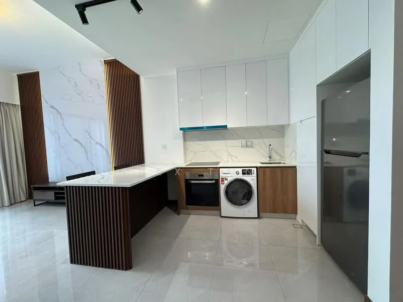 Kitchen features: white upper cabinets, wood lower cabinets, marble backsplash, white countertop, built-in oven, stainless-steel fridge, front-load washing machine, single-bowl stainless-steel sink, chrome pull-down faucet, recessed downlights, tile flooring, open layout, wood panel accent wall; style: modern.