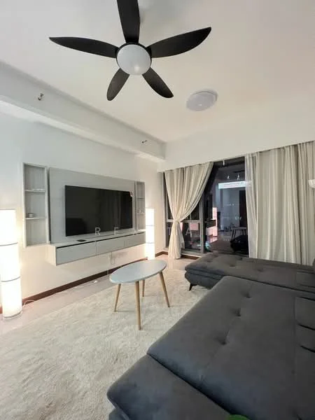 Living features: 5-blade ceiling fan with light, wall-mounted TV, grey sectional sofa, coffee table, area rug, floor-to-ceiling windows, curtains, built-in cabinetry, light fixtures, neutral wall color, recessed lighting; style: modern.