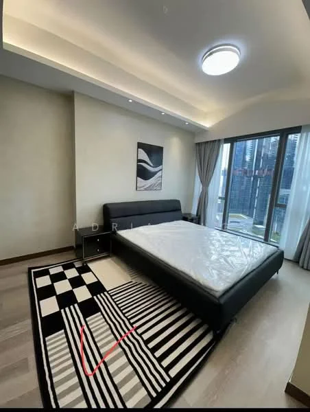 Bedroom features: queen-size bed, black leather bed frame, white mattress, black and white area rug with geometric pattern, floor-to-ceiling windows, curtains, recessed ceiling lights, ceiling light fixture, wall art, wooden flooring; style: modern; view: city.