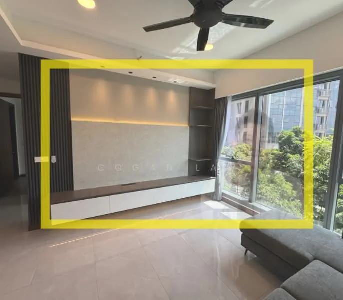 Living features: grey sectional sofa, wall-mounted TV console, built-in shelving, light grey wall with backlighting, floor-to-ceiling windows, city view, ceiling fan, marble tile flooring; style: modern; view: city.