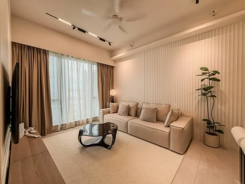 Living features: 3-seater fabric sofa in beige, coffee table with black glass top, area rug in neutral color, floor-to-ceiling windows, sheer curtains, ceiling fan with light, decorative indoor plant, wall-mounted TV, light wood flooring, textured wall paneling, recessed downlights; style: modern; view: city.