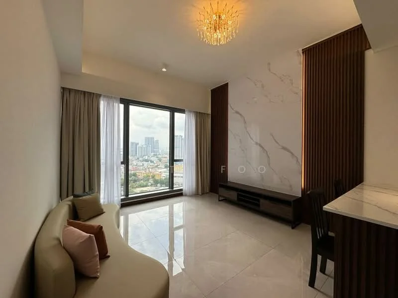 Living features: floor-to-ceiling windows, city view, marble tile flooring, cream painted walls, wood panel accent wall, chandelier, sofa with cushions, TV console, dining table with chairs, recessed lighting; style: modern.