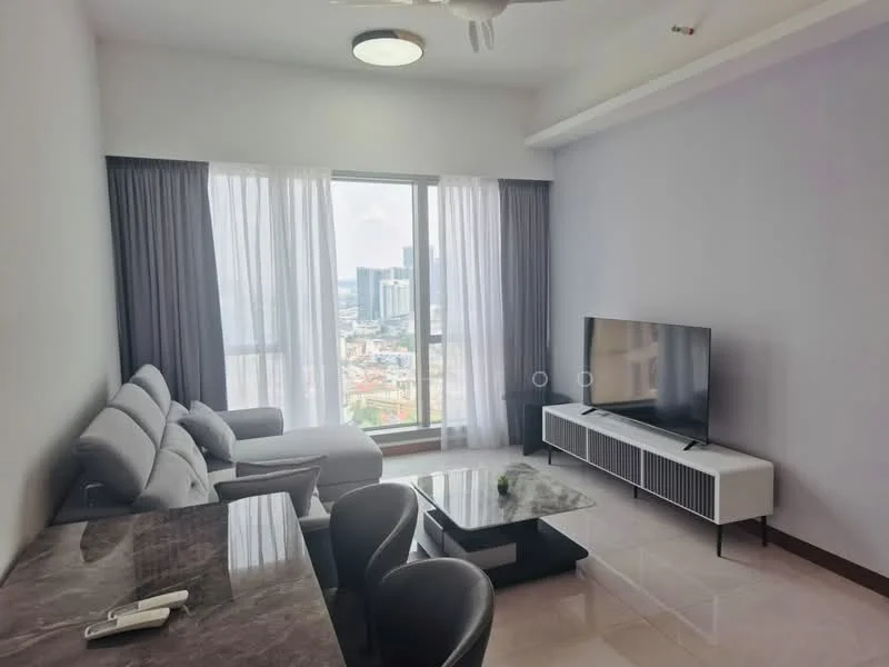Living features: 3-seater fabric sofa in light grey, armchair in light grey, coffee table with black glass top, TV console with white cabinetry, wall-mounted TV, floor-to-ceiling windows, sheer curtains, recessed downlights, ceiling fan with light, marble tile flooring, decorative plant on coffee table, city view from windows; style: modern; view: city.