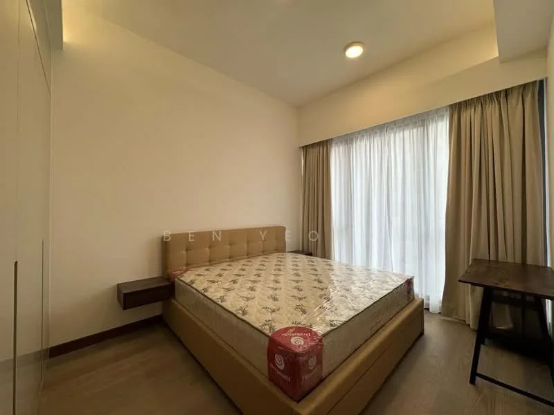 Bedroom features: queen-size bed, upholstered headboard, wooden bedside table, floor-to-ceiling windows, sheer curtains, wooden flooring, recessed downlights, decorative wall, neutral painted walls; style: modern.