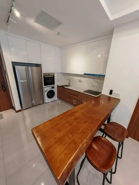 Kitchen features: white glossy cabinetry, marble backsplash, stainless-steel fridge, built-in oven, ceramic cooktop, single-bowl stainless-steel sink, chrome pull-down faucet, wooden breakfast bar, two metal bar stools, grey tile flooring, recessed downlights, wall-mounted microwave; style: modern.