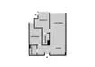 Floor plan: 2-bedroom 1-bathroom unit; features: open-plan kitchen-dining-living, master bedroom with ensuite bathroom, bedroom 2 with shared bathroom, utility room, balcony off living room, central foyer.