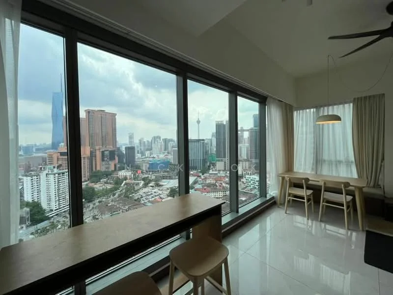 Living features: floor-to-ceiling windows, city skyline view, white walls, light-colored flooring, ceiling fan, dining table for four, wooden dining chairs, sheer curtains, pendant light fixture; style: modern; view: city.