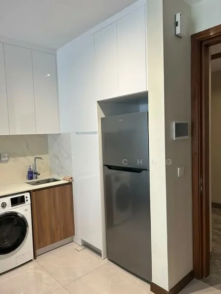 Laundry features: white upper cabinets, wood lower cabinets, stainless-steel fridge, front-load washing machine, marble backsplash, white tiled walls, grey floor tiles, recessed lighting; style: modern.
