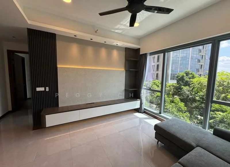 Living features: grey L-shape sectional sofa, white wall-mounted TV console, built-in shelving unit, large floor-to-ceiling windows, city view, recessed lighting, cream wall with textured finish, light-colored tile flooring, black ceiling fan with light; style: modern; view: city.