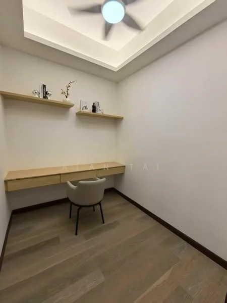Study features: white painted walls, wooden flooring, tray ceiling, ceiling fan, floating shelves, built-in desk, chair, minimalist decor; style: modern.
