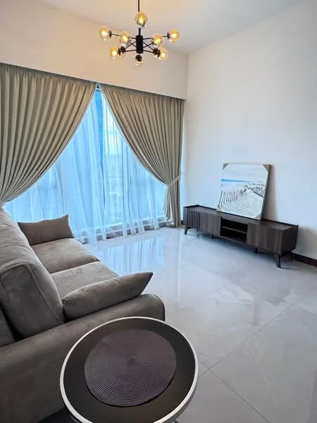 Living features: 3-seater fabric sofa in grey, glass coffee table, TV console, wall-mounted TV, floor-to-ceiling windows, sheer curtains, drapes, recessed downlights, polished ceramic tile flooring, decorative artwork, light fixture with multiple bulbs; style: modern; view: city.