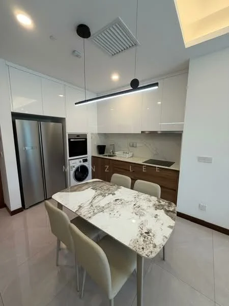 Kitchen features: white high-gloss cabinetry, marble countertop, stainless-steel fridge, built-in oven, washer-dryer combo, 4-seater dining table, beige upholstered dining chairs, recessed downlights, pendant light fixture, ceramic tile flooring; style: modern.