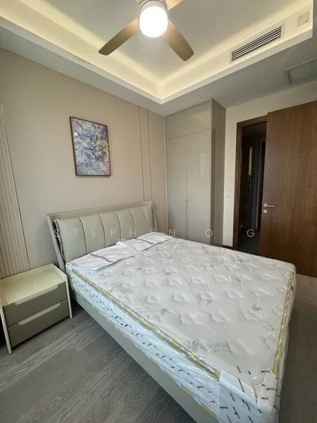 Bedroom features: queen-size bed with mattress, upholstered headboard, nightstand with drawer, built-in wardrobe, light-colored walls, wooden flooring, ceiling with recessed lighting, 5-blade ceiling fan, framed artwork on wall; style: modern.
