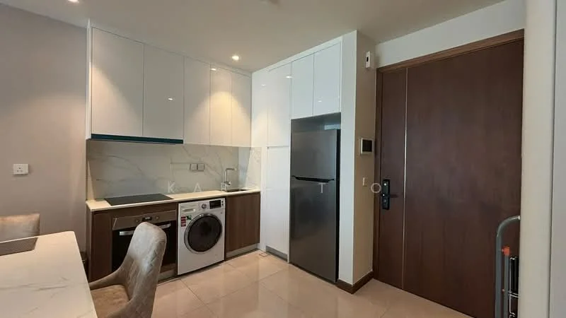 Kitchen features: white high-gloss cabinetry, marble countertop, stainless-steel fridge, built-in oven, front-load washing machine, single-bowl stainless-steel sink, chrome pull-down faucet, ceramic tile flooring, recessed downlights, sliding door, wall-mounted intercom; style: modern.