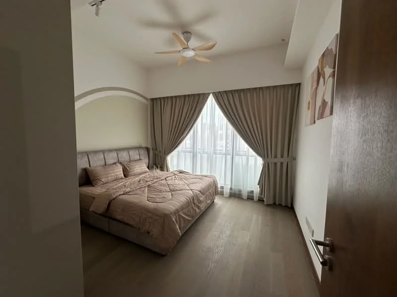 Bedroom features: king-size bed, upholstered headboard, bedside lamps, floor-to-ceiling windows, sheer curtains, wooden flooring, ceiling fan, decorative wall art; style: modern; view: city.