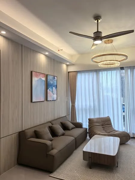Living features: 3-seater fabric sofa in beige, accent chair in light brown, round coffee table with white marble top, wood panelled feature wall, recessed downlights, chandelier with woven design, floor-to-ceiling windows with sheer curtains, area rug with circular pattern; style: modern; view: city.