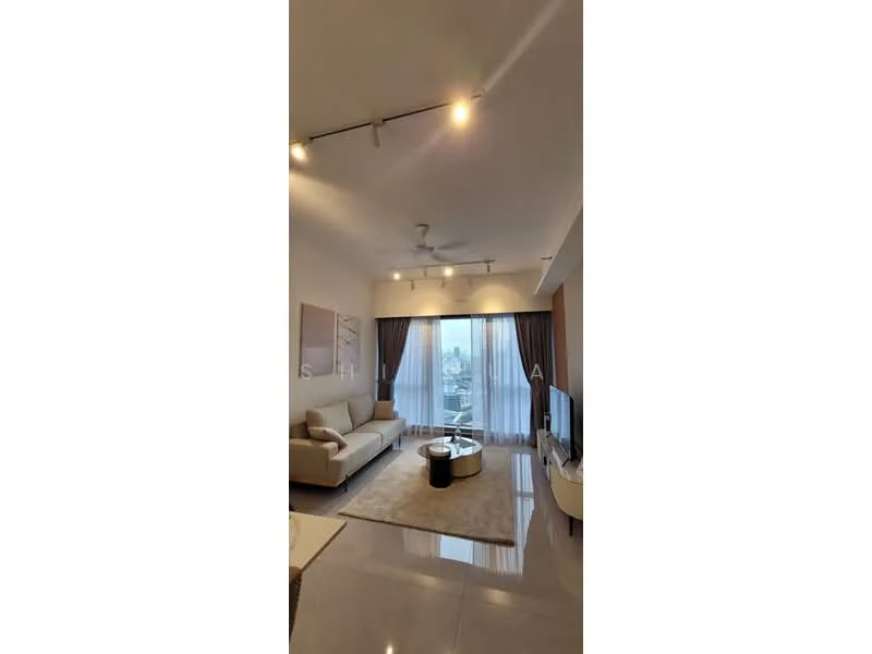 Living features: 3-seater fabric sofa in beige, coffee table with glass top, wall-mounted TV, area rug with neutral color, floor-to-ceiling windows, sheer curtains, 5-blade ceiling fan with light, recessed downlights, polished tile flooring, decorative wall art, TV console, balcony view; style: modern; view: city.