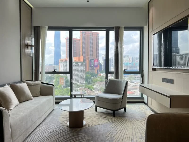 Living features: 3-seater fabric sofa in light beige, round coffee table with metallic base, floor-to-ceiling windows, city skyline view, wall-mounted TV, built-in media console, light grey carpet flooring, decorative wall paneling, curtains, recessed downlights; style: modern; view: city.