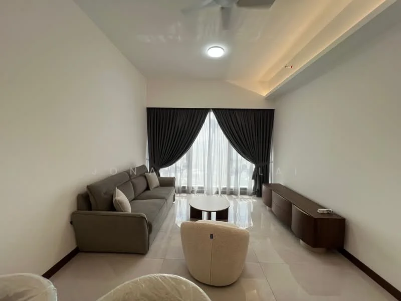 Living features: 3-seater fabric sofa in grey, round coffee table, TV console, floor-to-ceiling windows, sheer curtains, blackout curtains, recessed downlights, wall-mounted light, polished tile flooring, ceiling fan; style: modern; view: city.
