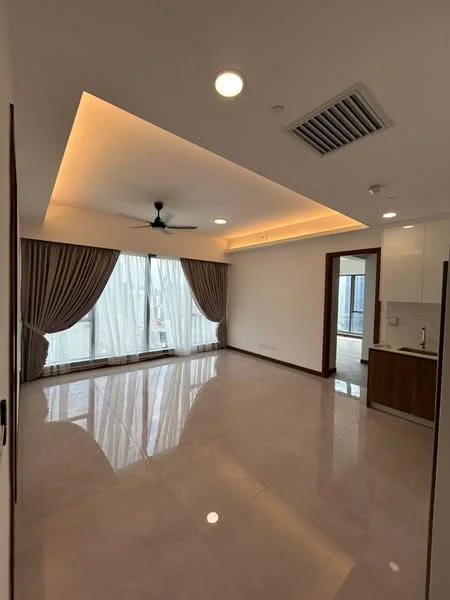 Living features: marble tile flooring, tray ceiling with recessed lighting, 5-blade ceiling fan with light, floor-to-ceiling windows, sheer curtains, curtains in beige, white painted walls, open kitchen area, kitchen island with cabinetry; style: modern; view: city.