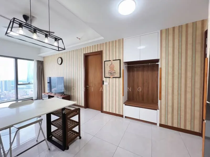 Living features: white painted walls, striped wallpaper, glossy tile flooring, ceiling light fixture, wall-mounted TV, wooden feature wall, built-in cabinetry, large window with city view, dining table with chairs, open layout, decorative wall clock; style: modern; view: city.