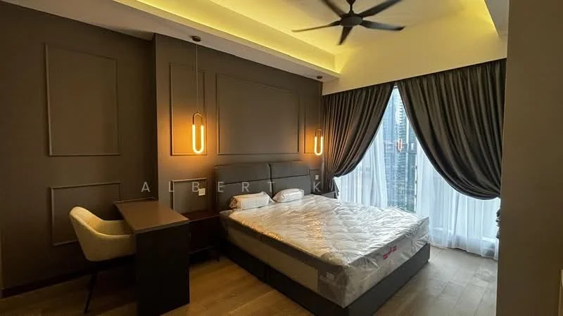 Bedroom features: king-size bed, upholstered headboard, 2 pendant lights, wooden flooring, floor-to-ceiling windows, sheer curtains, dark grey accent wall, light ceiling with recessed lighting, study desk, chair; style: modern; view: city.