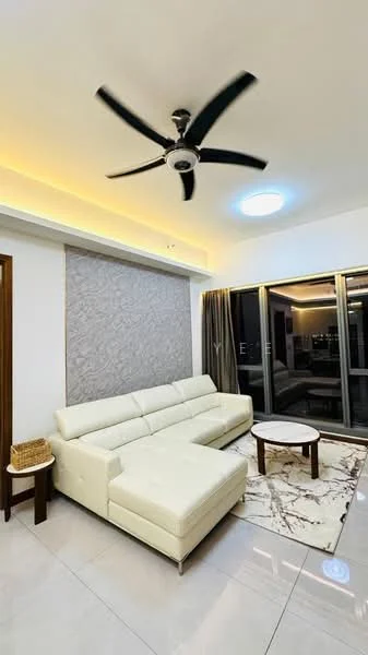 Living features: L-shape sectional sofa in white, coffee table, area rug with marble pattern, 5-blade ceiling fan with light, recessed LED downlights, floor-to-ceiling windows, curtains, decorative wall panel with pattern, marble tile flooring; style: modern; view: city.