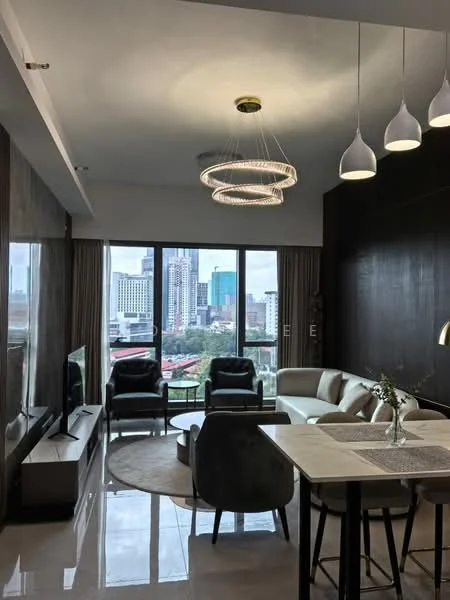 Living features: chandelier with circular design, floor-to-ceiling windows, city skyline view, light grey leather sofa, black accent chairs, round area rug, TV console, wall-mounted TV, recessed lighting, neutral painted walls, polished tile flooring, decorative plant in vase, dining table with chairs; style: modern; view: city.