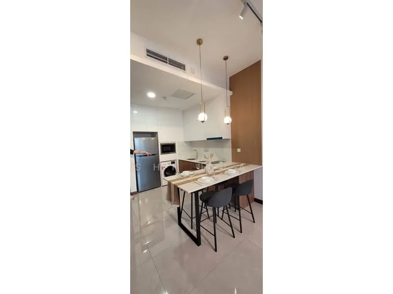 Kitchen features: white cabinetry, marble countertop, stainless-steel sink, chrome pull-down faucet, built-in oven, freestanding range oven, refrigerator, pendant lighting, bar stools, open shelving, ceramic tile flooring, white backsplash, kitchen island; style: modern.
