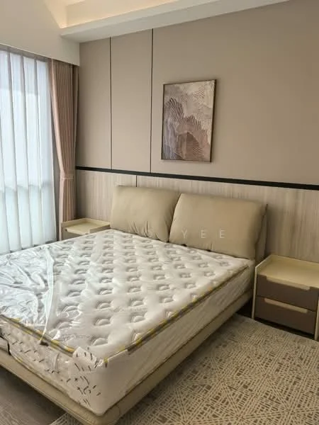 Bedroom features: king-size bed, upholstered headboard, two bedside tables, framed artwork on wall, floor-to-ceiling window, sheer curtains, cream painted walls, carpet flooring, decorative wall paneling; style: modern.