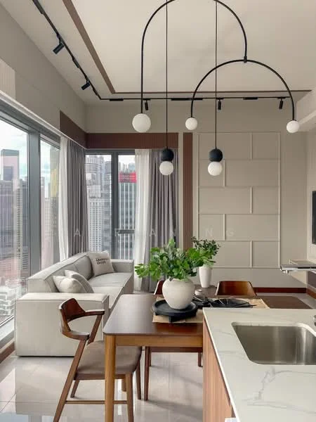 Living features: floor-to-ceiling windows, white painted walls, wood paneling, marble countertop, stainless-steel sink, black and white pendant lighting, light grey curtains, 3-seater fabric sofa in white, wood dining table, wood dining chairs, decorative plant in ceramic pot, TV mounted on wall; style: modern; view: city.
