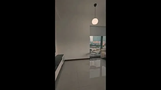 Room features: white painted walls, polished tile flooring, large window with city view, hanging pendant light, black sofa, small round dining table with chairs, curtains, minimalist decor; style: modern; view: city.