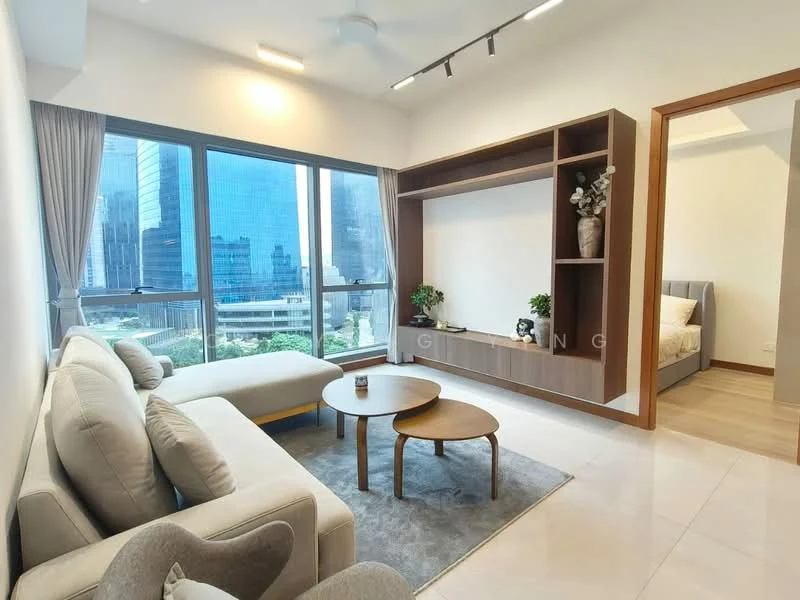 Living features: 3-seater fabric sofa in light beige, coffee table, area rug, wall-mounted TV, built-in shelving unit, floor-to-ceiling windows, curtains, city view, recessed downlights, ceiling fan; style: modern; view: city.