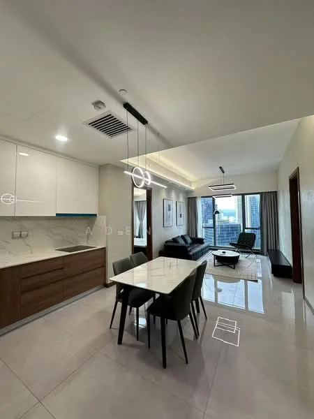 Kitchen features: white cabinets with blue accents, marble countertop, built-in oven, stainless-steel sink, chrome pull-down faucet, recessed downlights; style: modern. Living features: 3-seater black leather sofa, coffee table, TV console, wall-mounted TV, area rug, floor-to-ceiling windows, curtains, ceiling lights; style: modern; view: city. Dining features: 6-seater dining table, black dining chairs, pendant lighting above table; style: modern.