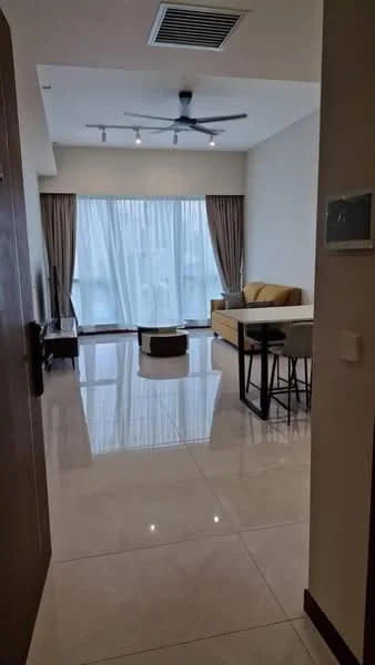 Living features: polished ceramic tile flooring, white painted walls, recessed downlights, 5-blade ceiling fan, floor-to-ceiling windows, sheer curtains, yellow fabric sofa, coffee table, dining table with black metal legs, 4 dining chairs, decorative wall art; style: modern.