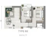 Floor plan: 2-bedroom 1-bathroom unit; features: open-plan kitchen-dining-living, master bedroom with ensuite bathroom, all bedrooms with windows, utility room, balcony off living room, central foyer, 1 car porch, 1,000 sqft built-up.