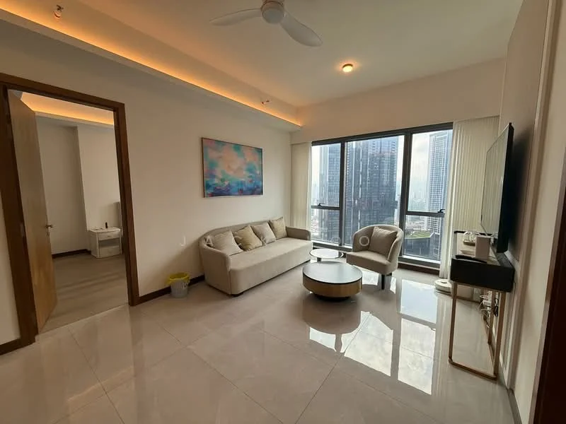 Living features: 3-seater fabric sofa in light beige, round coffee table with gold base, floor-to-ceiling windows, city skyline view, recessed LED downlights, light wood flooring, white painted walls, wall-mounted TV, decorative artwork on wall, ceiling fan; style: modern; view: city. Room features: door leading to another room, light wood flooring.