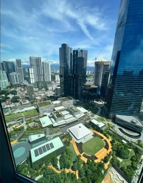 Exterior type: high-rise condominium; features: city skyline view, landscaped garden, manicured lawn, modern architecture, surrounded by high-rise buildings, green spaces, solar panels on roof, construction cranes visible; style: modern.
