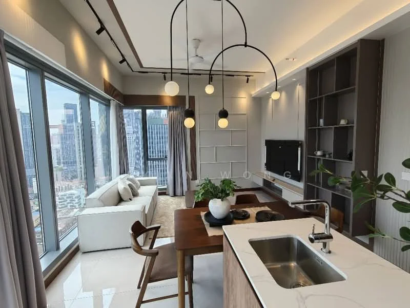 Living features: floor-to-ceiling windows, city skyline view, 3-seater fabric sofa in white, wooden dining table, 4 dining chairs, pendant lighting with multiple bulbs, ceiling fan, built-in shelving unit, wall-mounted TV, decorative items on shelves, neutral wall colour, marble tile flooring, curtains, decorative plants; style: modern; view: city. Kitchen features: white cabinetry, stainless-steel sink, chrome pull-down faucet, quartz countertop, built-in oven, induction hob, open shelving, recessed lighting; style: modern.