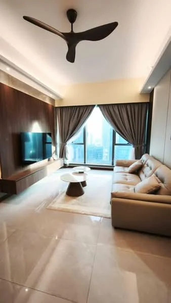 Living features: 3-seater leather sofa in beige, coffee table, wall-mounted TV, TV console, area rug, floor-to-ceiling windows, sheer curtains, 5-blade ceiling fan with light, marble tile flooring, wood accent wall, recessed downlights; style: modern; view: city.