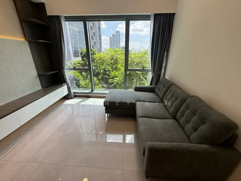 Living features: grey fabric sectional sofa, floor-to-ceiling windows, city view, white wall-mounted TV console, light grey accent wall, polished tile flooring, curtains, built-in shelving unit; style: modern; view: city.