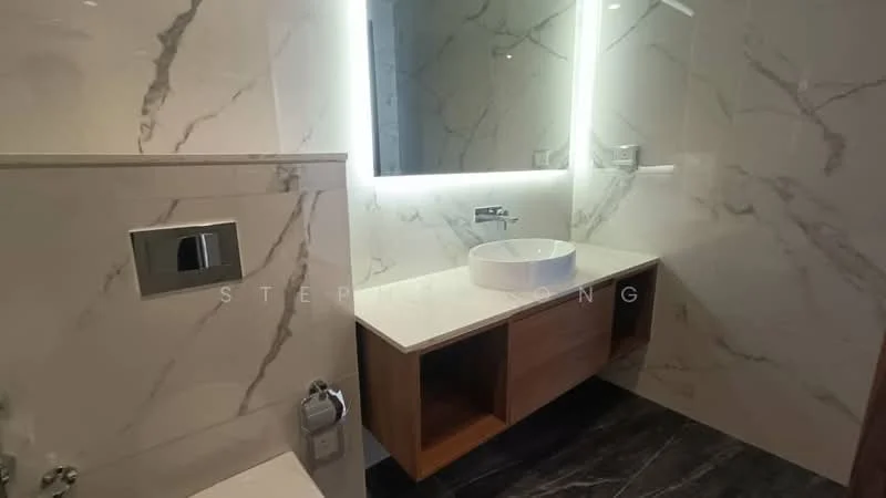 Bathroom features: marble tile walls, white marble countertop, round vessel sink, chrome basin mixer faucet, wooden vanity cabinet, backlit mirror, dark stone flooring, wall-mounted toilet; style: modern.
