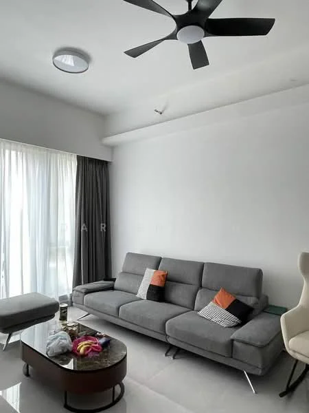 Living features: grey fabric sofa with cushions, coffee table with marble top, floor-to-ceiling windows with sheer curtains, 5-blade ceiling fan with light, white painted walls, polished tile flooring, decorative throw pillows, armchair in cream color; style: modern.